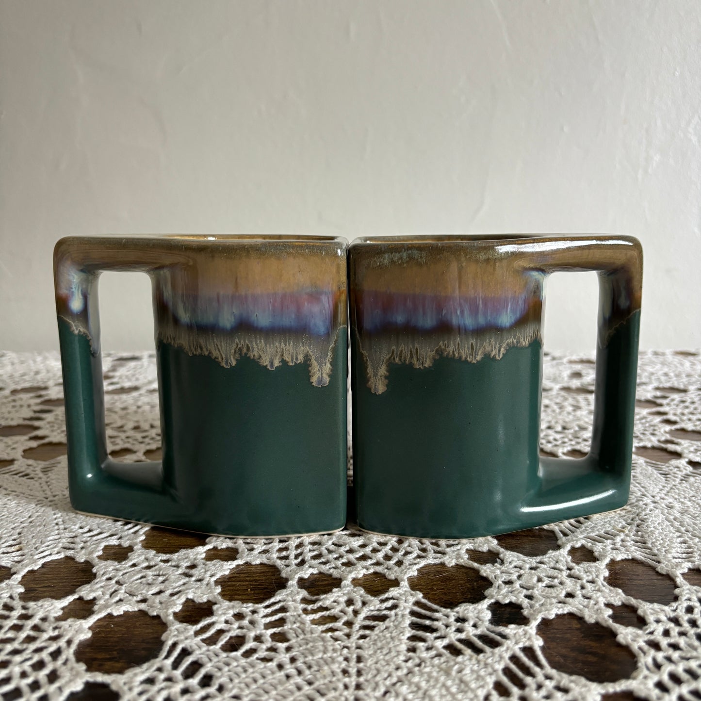 Vintage Drip Glazed Twin Mugs