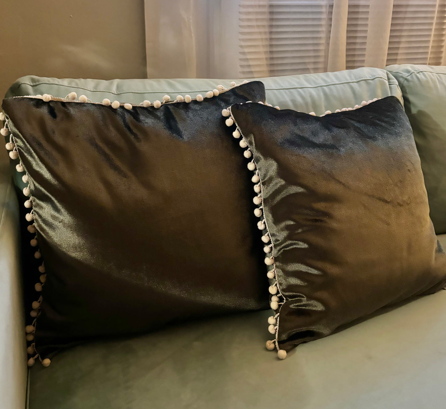 Olive Green Velvet Tassled Pillows