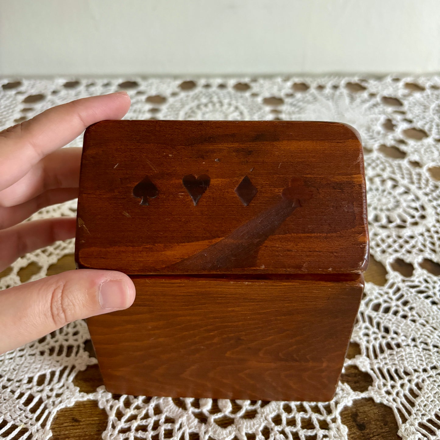 Vintage Wood Playing Card Box With Cards