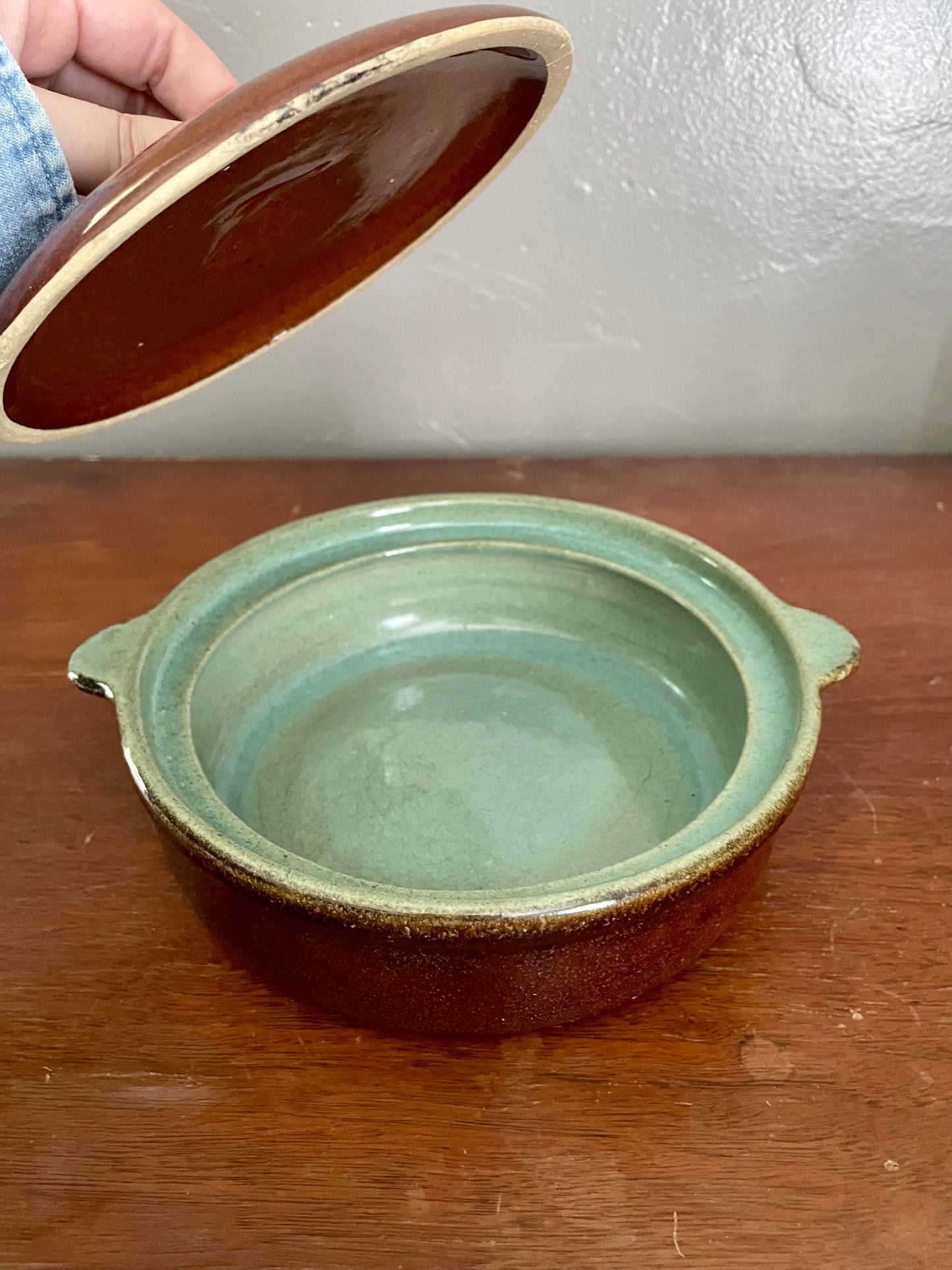 Vintage Brown & Mint Casserole Dish with Lid