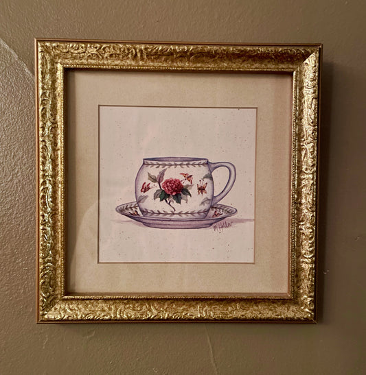 Framed Floral Teacup Painting