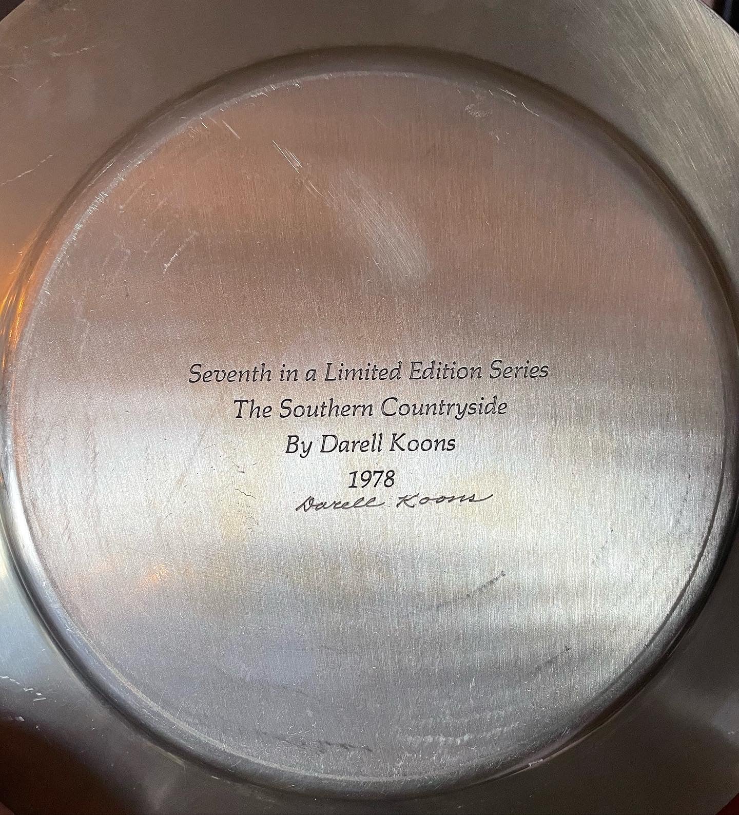 “The Southern Countryside” Full Collection of 8 Limited Edition 1972-1978 Etched Pewter Plates by Darell Koons